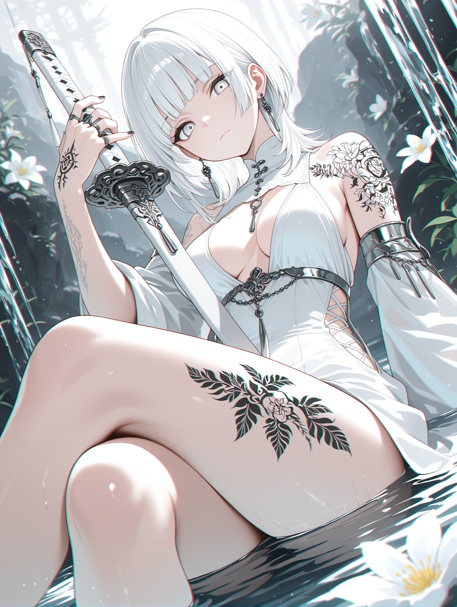 01789-2874794190-1girl, solo,weapon, solo, sword, sheath, holding sheath, white hair, jewelry, sitting, tattoo, black nails, bangs, flower, white.png